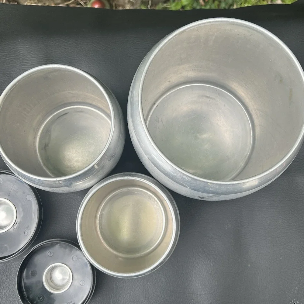Vtg Kromex 3 Canister Spun Aluminum Flour Coffee Tea - Retro Kitchen Set w/lids